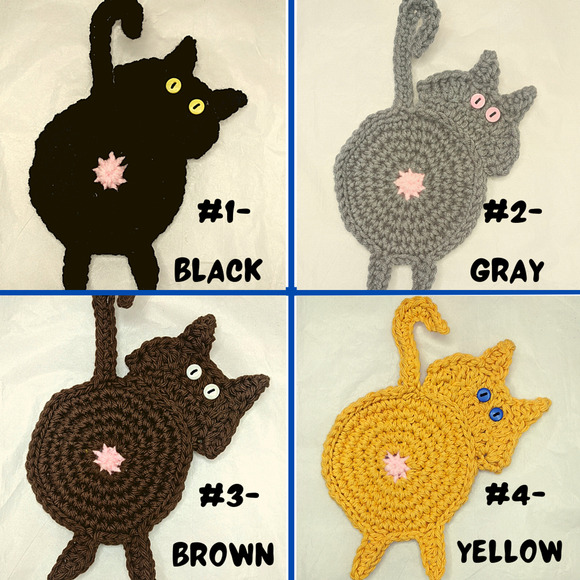 Cat Butt Coasters Crochet Set of Two Peeking Kitty Handmade Table Mug Rugs - Picture 3 of 16